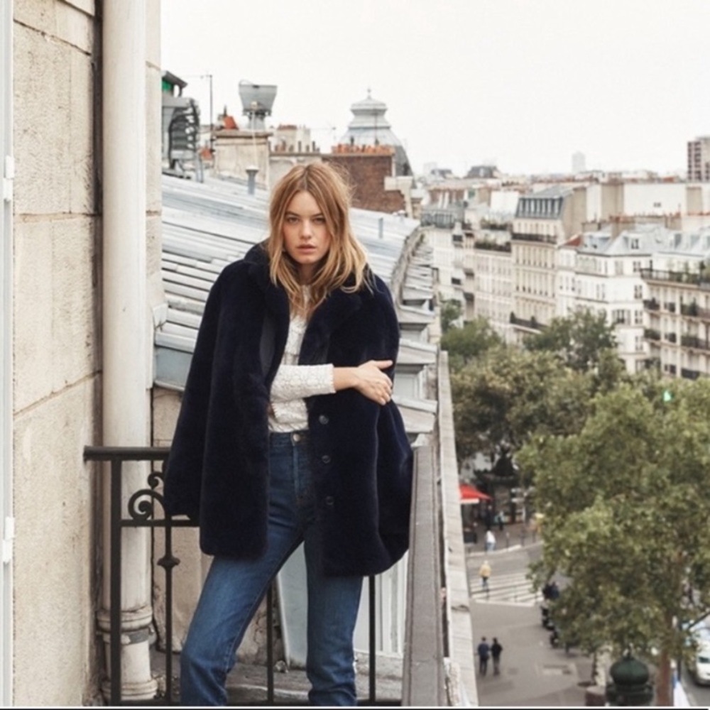 Sezane Faux Fur Coat in Midnight Blue Size 36/4